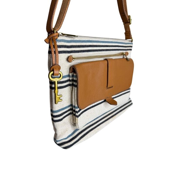 Fossil  Striped Fabric Brown Leather Trim Crossbody Shoulder Bag - Picture 2 of 9